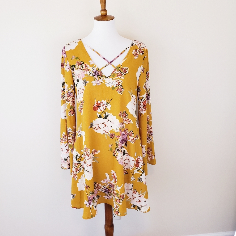 Altar'd State Yellow Floral Dress Boho Long Sleeve